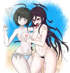 2girls breast_grab breasts danganronpa danganronpa_ultra_despair_girls fukawa_touko genocider_shou multiple_girls naegi_komaru smooth_skin surprised topless young_savage yuri