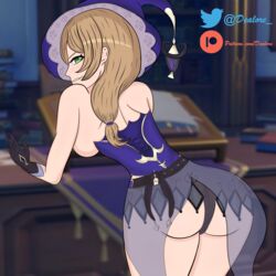 ass_view blush costume dealore genshin_impact leaning_forward library lisa_(genshin_impact) looking_at_viewer looking_back posing smirk smirking