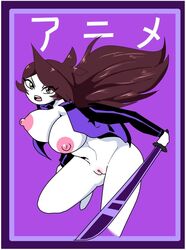 alternate_hairstyle big_breasts bottomless carliabot casual clothing female holding_katana human jaiden jaiden_animations kanji nude open_mouth outerwear pale_skin purple_background purple_jacket thighs vagina weapon youtube youtuber youtuber_girl