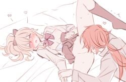 1boy bangs bed bed_sheet black_legwear blonde_hair blue_eyes blush bow bowtie breasts clothes_lift cunnilingus diluc_(genshin_impact) female genshin_impact hairbow heart jean_gunnhildr kneehighs leg_lift leg_up long_sleeves lying medium_breasts nipples on_back open_clothes open_mouth open_shirt oral ponytail red_hair rome_romedo shirt sidelocks sketch skirt skirt_lift straight sweat thighs twitching white_background