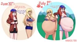 2021 2girls american_flag belly belly_button belly_overhang big_belly big_breasts black_bottomwear blonde_hair blue_bottomwear blue_eyes blue_headwear bottom_heavy bra canada_day canadian_flag cap confident denim_shorts eyebrows_visible_through_hair female female_focus female_only freckles green_eyes happy hat headband hyper hyper_belly light-skinned_female light_skin looking_at_another looking_down maniacalfork mutual_female_weight_gain mutual_weight_gain original original_character original_characters outdoors outside red_hair shirt shorts simple_background small_breasts smile smug sweater thighs tomboy topwear toronto_blue_jays visor_cap weight_gain