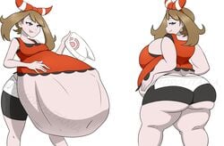 ass_expansion back_view bbw big_ass big_belly breast_expansion chubby dawn_(pokemon) digestion female_only hat implied_vore licking_lips looking_at_viewer may_(pokemon) may_(pokemon_oras) nomopolitainia pokemon pokemon_dppt pokemon_oras post_vore shorts sideboob smug tagme thick_thighs twintails vore vore_belly watermark weight_gain white_background