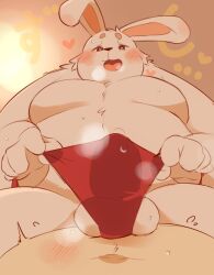 0119_muu 2022 anthro asian_clothing balls belly big_belly blush clothing duo east_asian_clothing fundoshi genitals heart humanoid_hands japanese_clothing kemono lagomorph leporid male mammal moobs navel overweight overweight_male rabbit red_clothing red_fundoshi red_underwear sitting solo_focus underwear