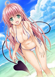 alien alien_girl alien_humanoid big_breasts bikini bikini_top demon_girl demon_tail female green_eyes lala_satalin_deviluke long_hair navel nipples_visible_through_clothing pink_hair pussy_visible_through_clothes smile spade spade_tail swimsuit tail taro_kasukabe to_love-ru water white_bikini white_swimsuit