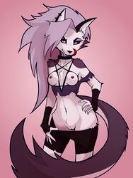 1girls anthro breasts demon eyelashes female goth grey_hair hair hellhound helluva_boss inner_ear_fluff licking_lips loona_(helluva_boss) multicolored_body multicolored_fur nipples red_sclera vivienne_medrano white_eyes xzorgothoth