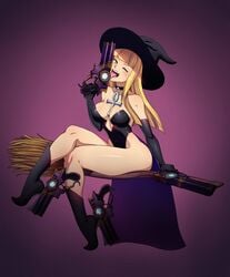 1girls ankh bangs bare_legs bayonetta black_clothing blonde_hair broom choker cleavage elbow_gloves female female_only green_eyes gun hat hime_cut legs_crossed licking licking_gun long_hair looking_at_viewer one_eye_closed open_mouth original_character sitting solo tongue_out wink witch witch_hat zeshgolden