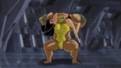 1boy 1boy1girl 1girls arched_back ass backbreaker battletoads black_bra black_hair black_panties dark_queen drooling lipstick muscular_male pimple_(battletoads) ryona stockings sweat sweating the_retry_man wrestling