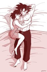 1boy 1girls bardock canon_couple dragon_ball female_saiyan gine husband_and_wife in_bed male_saiyan monochrome nightgown riptide romantic saiyan sweatpants wholesome