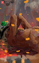 2bells1ravine art artist_name curly_hair dark_skin flower_petals guilty_gear hand_on_head hard_nipples hat laying_down laying_on_back patreon patreon_username posing ramlethal_valentine simple_background