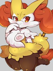 anthro belly belly_bulge big_breasts blush braixen breast_slip breasts chubby cute fat_thighs flashing fluffy_tail fox fox_ears fox_tail furry game_freak grey_background hand_behind_ass hands_on_mouth leg_up nekoyuu nintendo orange_eyes orange_fur pokémon_(species) pokemon pokemon_(species) pokemon_xy standing thick_thighs white_fur yellow_fur