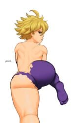 1girls ass athosart big_ass blonde_hair derieri feet female female_only from_behind looking_at_viewer looking_back nanatsu_no_taizai nude solo white_background