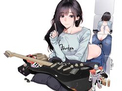 1girls ass ass_cleavage back_zipper backless_outfit big_ass big_breasts big_butt black_eyes black_hair blue_jeans butt_crack dark_hair electric_guitar female female_focus female_only fender_(brand) fender_stratocaster figure guitar guitar_little_sister_(hitomi_o) guitarist hitomi_o jeans legs long_hair looking_at_viewer no_bra no_panties oc original original_character oversized_clothes oversized_shirt tagme thin thin_waist unzipped unzipped_pants white_skin zipper