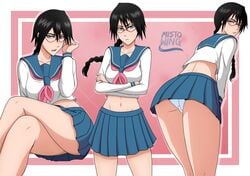 ass bending_over black_hair bleach crossed_legs glasses lisa_yadomaru mistowing pantyshot school_uniform skirt thighs tsundere turquoise_eyes underwear yadoumaru_lisa