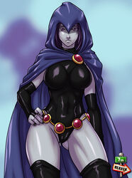 1girls 7th-heaven cape cloak clothed dark_hair dc dc_comics female female_only grey_skin hand_on_hip hood large_breasts legs leotard pale_skin purple_eyes purple_hair rachel_roth raven_(dc) smooth_skin solo solo_female teen_titans