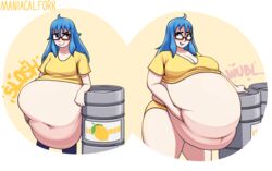 1girls barrel big_belly big_breasts blue_eyes blue_hair brown_eyes female female_focus female_only glasses grabbing grabbing_belly heterochromia holding holding_belly hyper hyper_belly lemonade long_hair looking_away maniacalfork onomatopoeia original original_character overweight panties pants shirt simple_background small_breasts smile smug solo solo_female solo_focus standing thick thick_thighs topwear watermark weight_gain