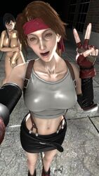 2girls 3d black_hair brown_eyes brown_hair embarrassed female female_only final_fantasy final_fantasy_vii final_fantasy_vii_remake huge_breasts human jessie_rasberry light-skinned_female no_visible_genitalia nude red_eyes shame shaved_crotch shiningboyz3d shiny_skin source_filmmaker square_enix stealing_clothes tifa_lockhart tifa_lockhart_(cosplay)