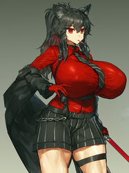 arknights big_breasts black_hair breasts female holding_sword huge_breasts hyper hyper_breasts large_breasts massive_breasts melon22 ponytail red_eyes shorts simple_background suit sword texas_(arknights) thick_thighs thighs tie tight_clothing top_heavy weapon wolf_ears