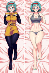 1girls bedsheets blue_eyes blue_hair blush breasts bulma_briefs bulma_briefs_(frieza_saga) cleavage clothed dakimakura dakimakura_design dragon_ball dragon_ball_z female female_only hairband large_breasts lying_on_back nail_polish on_back panties solo tank_top thighhighs toenail_polish underwear zeshgolden