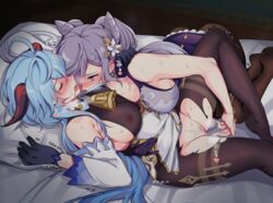 2girls aliasing bed bell blue_hair breasts cropped fingering ganyu_(genshin_impact) genshin_impact gloves horns keqing_(genshin_impact) long_hair multiple_girls negom nipples no_bra pubic_hair purple_hair pussy pussy_juice see_through torn_clothes watermark yuri