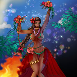 1girls belly_dancer belly_dancer_outfit braid braided_hair brown_hair chain_leash crashandcynder dancer dancer_outfit dark-skinned_female femsub flower_in_hair flowers furaffinity gold_chain green_eyes harem_girl harem_outfit long_hair melyamora no_sex original original_character public_topless red_flower slave slave_collar slave_outfit slavegirl submissive_female topless uncensored uncensored_breasts voluptuous