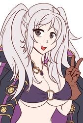 1girls alternate_costume bare_midriff bikini brown_eyes cleavage fire_emblem fire_emblem_awakening fire_emblem_heroes gloves large_breasts looking_at_viewer nintendo o-ring open_mouth open_smile purple_bikini purple_swimsuit robin_(female)_(summer)_(fire_emblem) robin_(fire_emblem) robin_(fire_emblem)_(female) smile solo solo_female swimsuit underboob v willanator