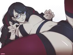 1girls bayonetta bayonetta_(character) bayonetta_3 belly belly_button black_hair exposed_belly exposed_torso fanart female female_focus female_only glasses lerimar panties partially_clothed simple_background teasing thunderthighs