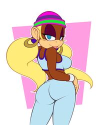 1girls ape ass back_to_viewer beanie blonde_hair blue_bra blue_eyes blue_topwear breasts brown_fur donkey_kong_(series) eyelashes eyes_half_open female female_only furry gold_earrings hand_on_hip hoop_earrings looking_at_viewer looking_back_at_viewer midriff nintendo nitro open_mouth pink_beanie purple_hairband seductive seductive_look seductive_smile sideboob solo sports_bra tiny_kong twintails upscaled wide_hips