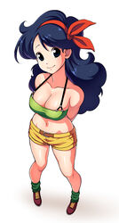 1girls arms_behind_back belt birds_eye_view black_hair blue_eyes blue_hair breasts cleavage cute denim_shorts dragon_ball dragon_ball_(classic) female female_only full_body fully_clothed good_launch hairbow happy large_breasts launch long_hair looking_at_viewer lunch_(dragon_ball) metahuman midriff_baring_shirt navel plain_background revealing_clothes shiny_breasts shiny_skin shorts skimpy smile solo solo_female white_background yellow_bottomwear zeshgolden