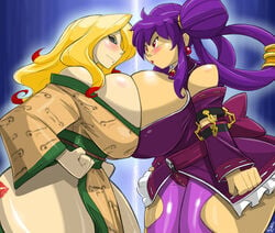 2girls black_iris breast_press breasts cleavage female female_only grape_(greatdragonad) huge_breasts long_hair multiple_girls original original_character purple_hair shonuff symmetrical_docking thick_thighs two_tone_hair