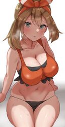 1girls 2021 alternate_breast_size armpit_crease arms_by_side barely_clothed belly_button black_panties blue_eyes blush breasts brown_hair cleavage clothed embarrassed exposed_shoulders female female_focus female_only hi_res human large_breasts looking_at_viewer mana_nzmr may_(pokemon) may_(pokemon_oras) medium_hair midriff modified_costume nervous nintendo panties pokemon pokemon_oras red_ribbon red_topwear ribbon simple_background sitting skindentation sweat sweaty_body tank_top thick_thighs thighs visible_breath white_background