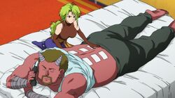 1boy 1boy1girl 1girls bed canon_couple enki_(yu_yu_hakusho) green_hair husband_and_wife kokou large_breasts massage screenshot size_difference smaller_female yu_yu_hakusho