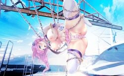 aqua_eyes bondage breasts chains clouds industrial long_hair navel nipples original panties purple_hair pussy see_through skirt sky spread_legs striped_panties torn_clothes underwear v-mag water