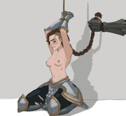 1other 2021 amugea armor armpits arms_up biting biting_lip black_eyes bondage bound bound_wrists braid breasts brown_hair cithria female gauntlets greaves grey_background half-closed_eyes highres holding holding_hair hyung_(artist) kneeling league_of_legends legends_of_runeterra long_hair navel nipples nude ponytail riot_games rope scar scar_on_face simple_background sketch solo_focus topless torn torn_clothes torn_legwear vambraces