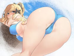 1girls ass bikini blonde_hair blue_eyes blush cameltoe clouds erect_nipples gingami_(giluziru) long_hair princess_connect! pussy_juice saren_(princess_connect!) sky swimsuit