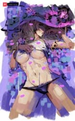 2bells1ravine art artist_name belly belly_button brown_hair female_only flower_in_hair flower_petals genshin_impact gloves lisa_(genshin_impact) panties panties_down patreon patreon_username pink_eyes showing_off simple_background solo_female underboob undressing witch_hat