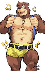 1boy 2019 41raco 5_fingers abs anthro areola backpack bag banjo-kazooie banjo_(banjo-kazooie) bara barazoku belt biceps black_eyebrows black_nose bottomwear brown_body brown_fur bulge closed_eyes clothed clothing eyebrows fingers fur furry_only happy hi_res humanoid_hands jewelry kirupi male male_focus male_only mammal manly multicolored_body multicolored_fur muscles muscular muscular_anthro muscular_male musical_note navel necklace nipples open_mouth open_smile pecs pink_nipples pink_tongue rareware shark_tooth_necklace shirako shorts simple_background smile solo tan_body tan_fur thick_thighs tongue topless topless_male triceps two_tone_body two_tone_fur ursid video_games white_background yellow_clothing yellow_shorts