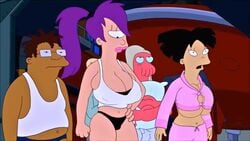 amy_wong big_breasts black_hair breast_expansion edit female futurama hermes_conrad huge_breasts large_breasts looking_down male nipples nipples_visible_through_clothing ponytail purple_hair screenshot screenshot_edit straining_buttons thick_thighs turanga_leela yetig zoidberg