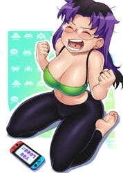 1girls angry barefoot blush breasts cleavage clenched_fist closed_eyes clothed clothed_female earrings feet female female_only game_console glasses handheld_game_console kneeling large_breasts leggings long_fingernails navel nintendo_switch non-nude on_knees open_mouth original original_character purple_hair screaming sidney_(zeshgolden) soles solo space_invaders tank_top tight_pants tongue_piercing yelling yoga_pants you_lose zeshgolden