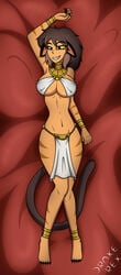 anklet armpits belly_dancer belly_dancer_outfit blue_eyes bocas_top bracelet brown_hair cat_ears cat_girl cat_tail catgirl catra dancer dancer_outfit drake-rex dreamworks harem_girl harem_outfit heterochromia large_breasts loincloth looking_at_viewer lying_on_back she-ra_and_the_princesses_of_power solo solo_female viewed_from_above yellow_eyes