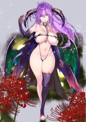 absurdres bangs bare_shoulders bikini blue_eyes breasts chains crossed_legs demon_girl demon_horns demon_wings feet flower full_body highres horns huge_filesize kumatora_tatsumi large_breasts legs_together long_hair looking_at_viewer low_wings nail_polish navel original ponytail pubic_tattoo purple_hair revealing_clothes skindentation solo standing stirrup_legwear stirrup_socks stirrup_thighhighs stirrups stomach succubus succubus_tattoo swimsuit tattoo thighhighs toes wings