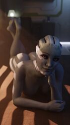 1girls 3d asari ass blender blue_eyes blue_skin feet female liara_t'soni looking_at_viewer lying_down mass_effect maximusjandari nude smile solo the_pose