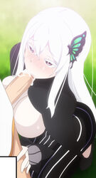 albino big_breasts blowjob blush butterfly_hair_ornament covering_breasts cum cum_in_mouth cum_inside echidna_(re:zero) fellatio gear_art long_hair oral pale_skin purple_eyes re:zero_kara_hajimeru_isekai_seikatsu white_eyelashes white_hair white_skin