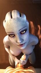 1boy 1girls 3d asari blender blue_eyes blue_skin breasts erection female giver_pov handjob kneeling liara_t'soni looking_at_viewer looking_up male mass_effect maximusjandari nipples nude penis poster pov straight unseen_male_face