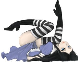 alice_(madness_returns) alice_in_wonderland alice_liddell alice_madness_returns american_mcgee's_alice apron black_hair blue_eyes dress female high_heels leg_up lips long_hair looking_at_viewer solo striped striped_legwear striped_thighhighs thighhighs thighs upside-down