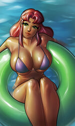 1girls big_breasts bikini bikini_top dc dc_comics female female_focus female_only flotation_device green_eyes huge_breasts long_hair looking_at_viewer mostly_nude partially_submerged ph simple_background solo solo_female solo_focus starfire teen_titans thick_thighs water wide_hips