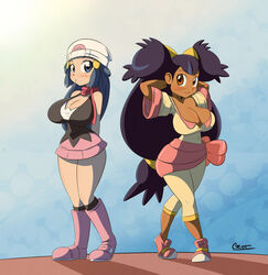 2girls alternate_breast_size artist_signature blush boots breasts chocolate chocolate_and_vanilla cleavage crot dark-skinned_female dawn_(pokemon) female female_only fully_clothed huge_breasts human iris_(pokemon) iris_(pokemon_bw) light-skinned_female macroscrot marcoscrot nintendo pokemon pokemon_(anime) pokemon_bw pokemon_dppt showing_off skirt wide_hips