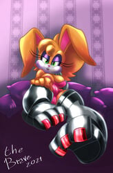 1girls anthro archie_comics breasts bunnie_rabbot cleavage cybernetics cyborg eyelashes eyeshadow female female_only fur furry leotard looking_at_viewer makeup mammal medium_breasts nail_polish open_mouth pillow pink_nose ponytail rabbit robotic_arm robotic_legs sega simple_background solo sonic_(series) sonic_the_hedgehog_(archie) sonic_the_hedgehog_(comics) sonic_the_hedgehog_(series) the_brave thick_thighs yellow_body yellow_fur yellow_hair