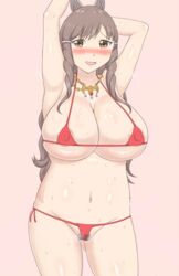 1girls armpits bikini blush breasts brown_eyes brown_hair embarrassed female fire_emblem fire_emblem_awakening hair_ornament heavy_blush highres huge_breasts jewelry large_breasts long_hair looking_at_viewer micro_bikini midriff milf navel nintendo open_mouth plump pubic_hair raigarasu smile solo source_request steam sumia_(fire_emblem) sweat thick_thighs thighs