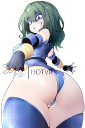 1girls ass big_ass big_butt female female_focus female_human female_only green_hair hero_outfit_(mha) hotvr human leotard looking_back my_hero_academia partially_visible_vulva smile solo superhero_costume superheroine thick_thighs thighhighs tokage_setsuna white_background