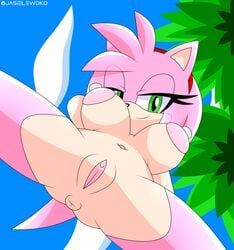 amy_rose anthro anus areola bedroom_eyes big_areola eulipotyphlan female genitals green_eyes hedgehog hi_res jasielewdko jasienorko looking_at_viewer looking_down low-angle_view mammal mobian_(species) narrowed_eyes navel nipple_bulge nipples nude outdoors pokies puffy_anus puffy_nipples pussy seductive sega smile solo sonic_(series) sonic_the_hedgehog_(series) spread_legs spreading